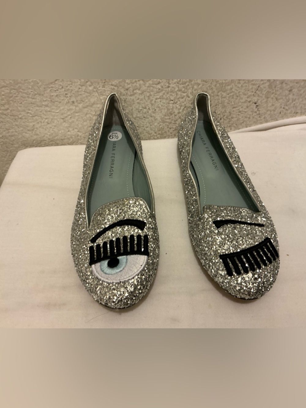 Chiara Ferragni Silver Glitter Eye Flats
